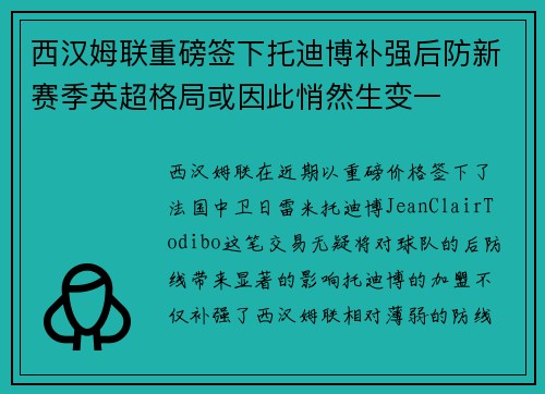 西汉姆联重磅签下托迪博补强后防新赛季英超格局或因此悄然生变一 西汉姆联重磅签下托迪博补强后防新赛季英超格局或因此悄然生变一